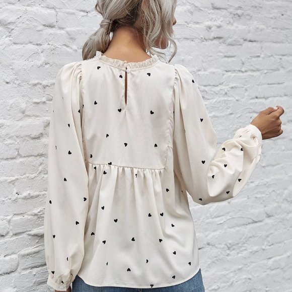 Beige Casual Womens Heart Print Shirred Peplum Blouse - Picture 2 of 5